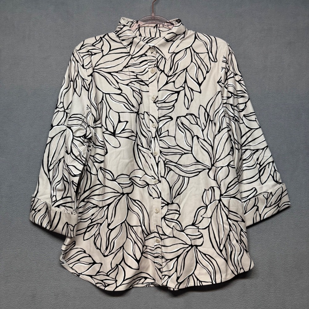Chicos Floral Button Down Shirt 3/4 Sleeve Tan 2 US 12 Casual Career Comfortable
